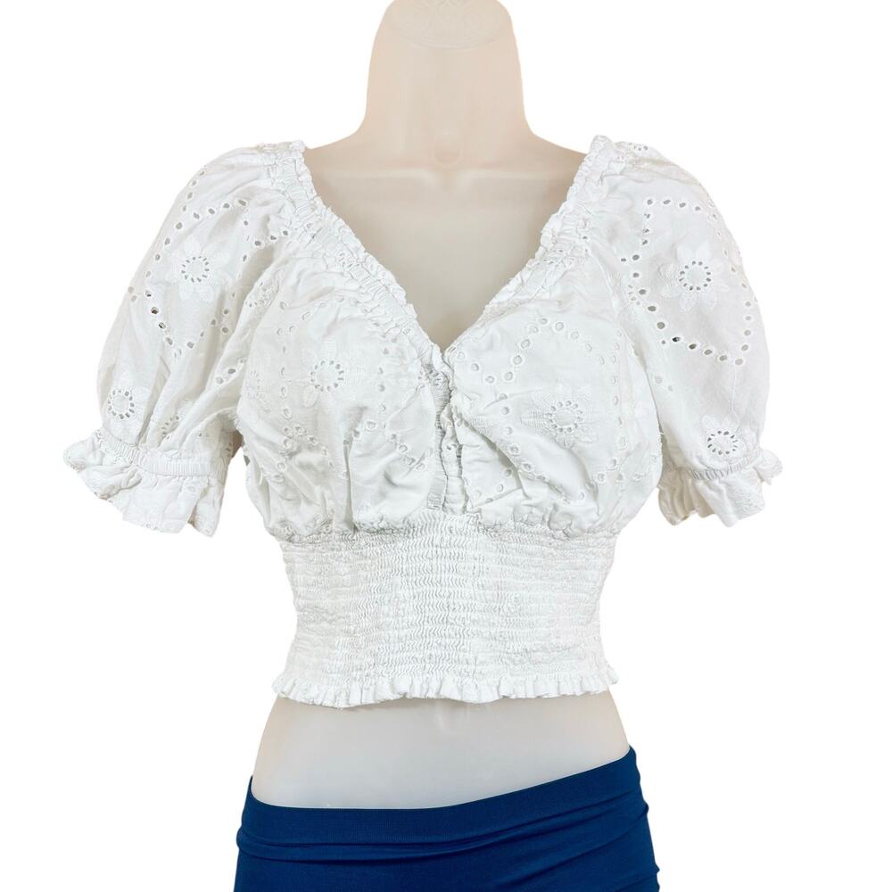 Jennifer & Grace white eyelet Country boho hippie cotton fitted top blouse sz Sm